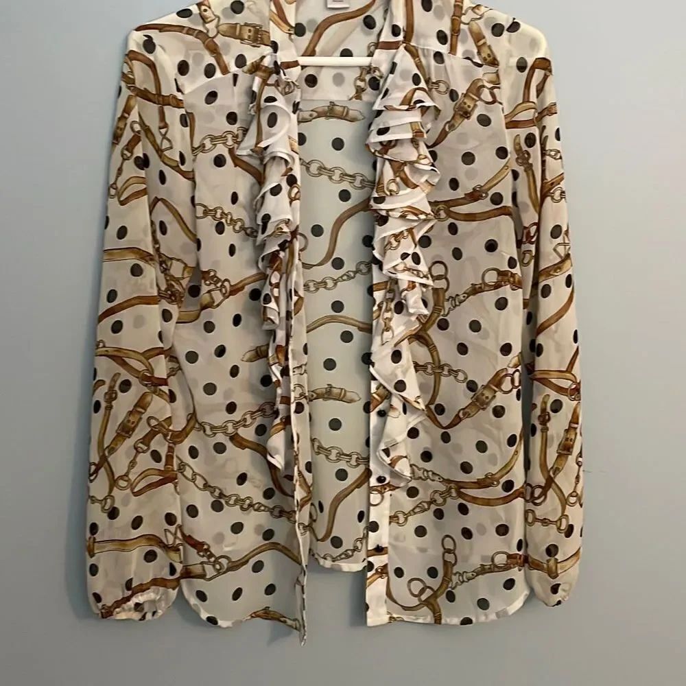 Cache Sheer Ruffle Equestrian Dot Blouse Size Small